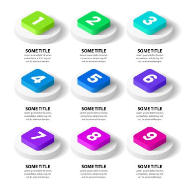 9 seçenek ya da adımlı bilgi şablonu. Isometric kareler. İş akışı düzeni, diyagram, pankart, web tasarımı için kullanılabilir. Vektör illüstrasyonu