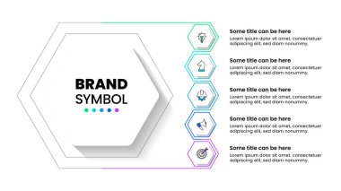 Simgeli bilgi şablonu ve 5 seçenek veya adım. Altıgen. İş akışı düzeni, diyagram, pankart, web tasarımı için kullanılabilir. Vektör illüstrasyonu