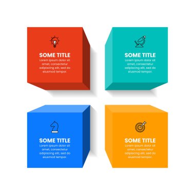 Simgeli bilgi şablonu ve 4 seçenek veya adım. Üç boyutlu küp. İş akışı düzeni, diyagram, pankart, web tasarımı için kullanılabilir. Vektör illüstrasyonu