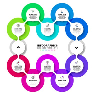 Simgeli bilgi şablonu ve 10 seçenek veya adım. Birbirine bağlı çemberler. İş akışı düzeni, diyagram ve web tasarımı için kullanılabilir. Vektör illüstrasyonu