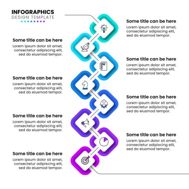 Simgeli ve 8 basamaklı bilgi şablonu. Dikey zaman çizgisi. İş akışı düzeni, diyagram, pankart, web tasarımı için kullanılabilir. Vektör illüstrasyonu