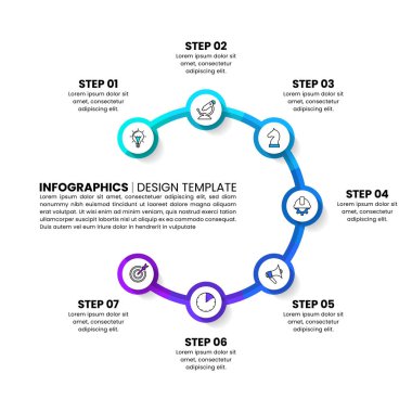 Simgeli bilgi şablonu ve 7 seçenek veya adım. Çember olun. İş akışı düzeni, diyagram, pankart, web tasarımı için kullanılabilir. Vektör illüstrasyonu