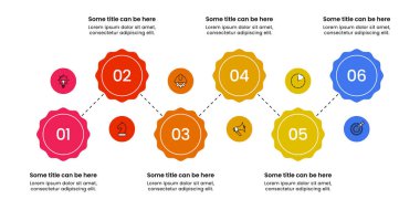 Simgeli ve 6 basamaklı bilgi şablonu. Balmumu mühürler. İş akışı düzeni, diyagram, pankart, web tasarımı için kullanılabilir. Vektör illüstrasyonu