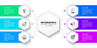 Simgeli ve 6 basamaklı bilgi şablonu. Altıgen. İş akışı düzeni, diyagram, pankart, web tasarımı için kullanılabilir. Vektör illüstrasyonu