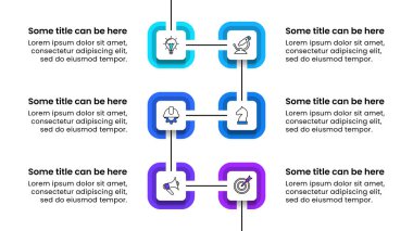 Simgeli ve 6 basamaklı bilgi şablonu. Birbirine bağlı kareler. İş akışı düzeni, diyagram, pankart, web tasarımı için kullanılabilir. Vektör illüstrasyonu