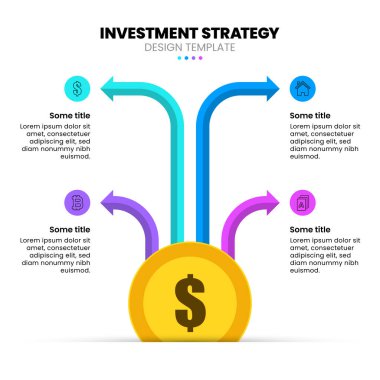 Simgeli bilgi şablonu ve 4 seçenek veya adım. Yatırım stratejisi. İş akışı düzeni, diyagram, pankart, web tasarımı için kullanılabilir. Vektör illüstrasyonu