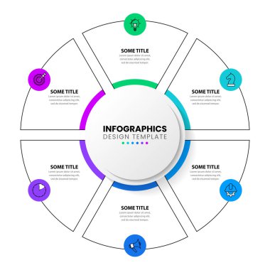Simgeli ve 6 basamaklı bilgi şablonu. Çember olun. İş akışı düzeni, diyagram, pankart, web tasarımı için kullanılabilir. Vektör illüstrasyonu