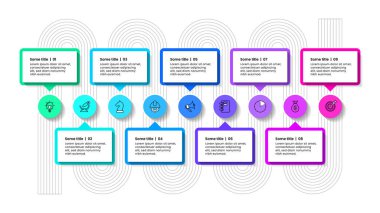 Simgeli bilgi şablonu ve 9 seçenek veya adım. Soyut zaman çizelgesi. İş akışı düzeni, afiş, diyagram ve web tasarımı için kullanılabilir. Vektör illüstrasyonu