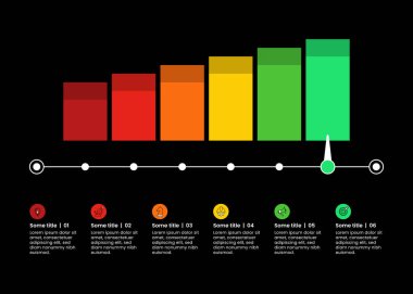 Simgeli ve 6 basamaklı bilgi şablonu. Çubuk grafik. İş akışı düzeni, diyagram, pankart, web tasarımı için kullanılabilir. Vektör illüstrasyonu