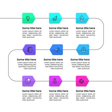 Simgeli bilgi şablonu ve 9 seçenek veya adım. Oklar. İş akışı düzeni, diyagram, pankart, web tasarımı için kullanılabilir. Vektör illüstrasyonu