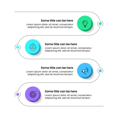 Simgeli bilgi şablonu ve 4 seçenek veya adım. Zigzag çizgisi. İş akışı düzeni, diyagram, pankart, web tasarımı için kullanılabilir. Vektör illüstrasyonu