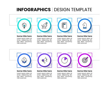 Simgeli ve 8 basamaklı bilgi şablonu. Birbirine bağlı kareler. İş akışı düzeni, diyagram, pankart, web tasarımı için kullanılabilir. Vektör illüstrasyonu