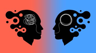 Zıt düşüncelere sahip iki soyut kafa. Kaos ve düzen kavramı. Vektör illüstrasyonu