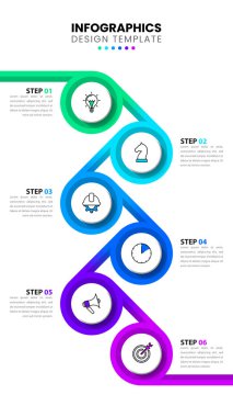 Simgeli ve 6 basamaklı dikey bilgi şablonu. Birbirine bağlı halkalar. İş akışı düzeni, diyagram, pankart, web tasarımı için kullanılabilir. Vektör illüstrasyonu