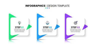 Simgeli bilgi şablonu ve 3 seçenek veya adım. Soyut oklar. İş akışı düzeni, diyagram, pankart, web tasarımı için kullanılabilir. Vektör illüstrasyonu