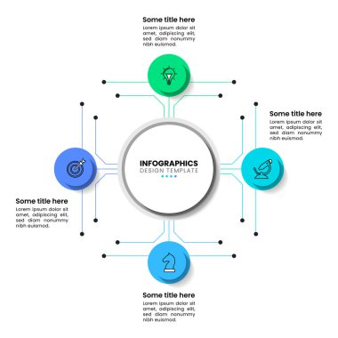 Simgeli bilgi şablonu ve 4 seçenek veya adım. Birbirine bağlı halkalar. İş akışı düzeni, diyagram, pankart, web tasarımı için kullanılabilir. Vektör illüstrasyonu