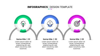 Simgeli bilgi şablonu ve 3 seçenek veya adım. Birbirine bağlı halkalar. İş akışı düzeni, diyagram, pankart, web tasarımı için kullanılabilir. Vektör illüstrasyonu