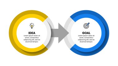 Simgeli bilgi şablonu ve 2 seçenek veya adım. İki daire. İş akışı düzeni, diyagram, pankart, web tasarımı için kullanılabilir. Vektör illüstrasyonu