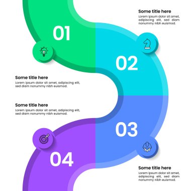 Simgeli bilgi şablonu ve 4 seçenek veya adım. Dikey zikzak çizgisi. İş akışı düzeni, diyagram, pankart, web tasarımı için kullanılabilir. Vektör illüstrasyonu