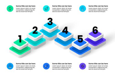 Simgeli ve 6 basamaklı bilgi şablonu. Soyut kareler. İş akışı düzeni, diyagram, pankart, web tasarımı için kullanılabilir. Vektör illüstrasyonu