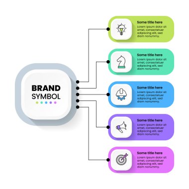 Simgeli bilgi şablonu ve 5 seçenek veya adım. İş akışı düzeni, diyagram ve web tasarımı için kullanılabilir. Vektör illüstrasyonu