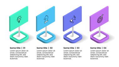 Simgeli bilgi şablonu ve 4 seçenek veya adım. Tahtalar. İş akışı düzeni, diyagram ve web tasarımı için kullanılabilir. Vektör illüstrasyonu