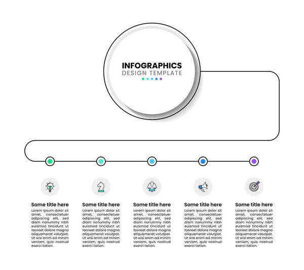 Инфографический шаблон с иконками и 5 вариантами или шагами. Линия. Может использоваться для верстки рабочих процессов, веб-дизайна. Векторная иллюстрация