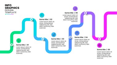 Simgeli ve 6 basamaklı bilgi şablonu. Soyut bir çizgi. İş akışı düzeni, diyagram, pankart, web tasarımı için kullanılabilir. Vektör illüstrasyonu