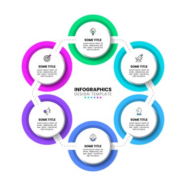Simgeli ve 6 basamaklı bilgi şablonu. Birbirine bağlı halkalar. İş akışı düzeni, diyagram, pankart, web tasarımı için kullanılabilir. Vektör illüstrasyonu