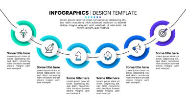 Simgeli ve 6 basamaklı bilgi şablonu. Çemberler bir doğruya bağlı. İş akışı düzeni, diyagram, pankart, web tasarımı için kullanılabilir. Vektör illüstrasyonu