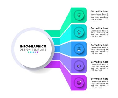 Simgeli bilgi şablonu ve 5 seçenek veya adım. İş akışı düzeni, diyagram, pankart, web tasarımı için kullanılabilir. Vektör illüstrasyonu