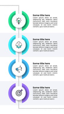 Simgeli bilgi şablonu ve 4 seçenek veya adım. Dikey zaman çizgisi. İş akışı düzeni, diyagram, pankart, web tasarımı için kullanılabilir. Vektör illüstrasyonu