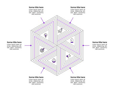 Simgeli ve 6 basamaklı bilgi şablonu. - Soyut altıgen. İş akışı düzeni, diyagram, pankart, web tasarımı için kullanılabilir. Vektör illüstrasyonu