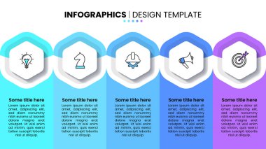 Simgeli bilgi şablonu ve 5 seçenek veya adım. İş akışı düzeni, diyagram, pankart, web tasarımı için kullanılabilir. Vektör illüstrasyonu