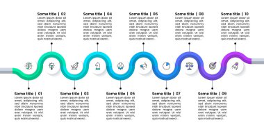 Simgeli bilgi şablonu ve 10 seçenek veya adım. Zaman çizelgesi. İş akışı düzeni, diyagram, pankart, web tasarımı için kullanılabilir. Vektör illüstrasyonu