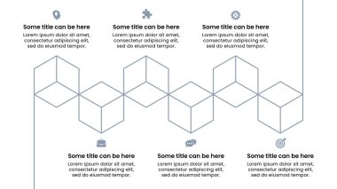 Simgeli ve 6 basamaklı bilgi şablonu. Soyut bir çizgi. İş akışı düzeni, diyagram, pankart, web tasarımı için kullanılabilir. Vektör illüstrasyonu
