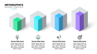 Simgeli bilgi şablonu ve 4 seçenek veya adım. Isometric kolonlar. İş akışı düzeni, diyagram, pankart, web tasarımı için kullanılabilir. Vektör illüstrasyonu