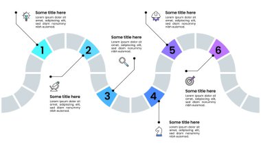 Simgeli ve 6 basamaklı bilgi şablonu. Zigzag çizgisi. İş akışı düzeni, diyagram, pankart, web tasarımı için kullanılabilir. Vektör illüstrasyonu