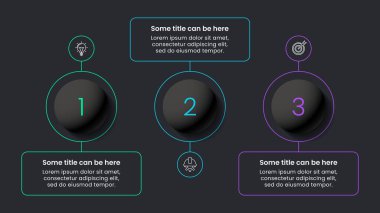 Simgeli bilgi şablonu ve 3 seçenek veya adım. Siyah toplar. İş akışı düzeni, diyagram, pankart, web tasarımı için kullanılabilir. Vektör illüstrasyonu