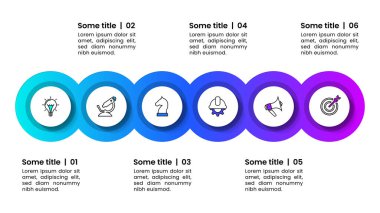 Simgeli ve 6 basamaklı bilgi şablonu. Daireler. İş akışı düzeni, diyagram, pankart, web tasarımı için kullanılabilir. Vektör illüstrasyonu