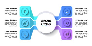 Simgeli ve 6 basamaklı bilgi şablonu. İş akışı düzeni, diyagram, pankart, web tasarımı için kullanılabilir. Vektör illüstrasyonu