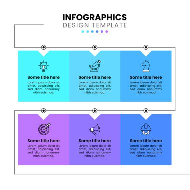 Simgeli ve 6 basamaklı bilgi şablonu. İş akışı düzeni, diyagram ve web tasarımı için kullanılabilir. Vektör illüstrasyonu