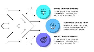 Simgeli bilgi şablonu ve 3 seçenek veya adım. Teknoloji konsepti. İş akışı düzeni, diyagram, pankart, web tasarımı için kullanılabilir. Vektör illüstrasyonu