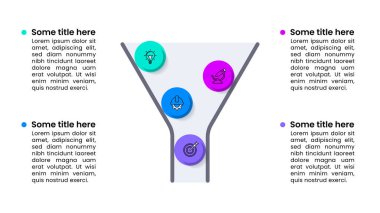 Simgeli bilgi şablonu ve 4 seçenek veya adım. Huni. İş akışı düzeni, diyagram, pankart, web tasarımı için kullanılabilir. Vektör illüstrasyonu