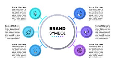 Simgeli ve 6 basamaklı bilgi şablonu. Çember olun. İş akışı düzeni, diyagram, pankart, web tasarımı için kullanılabilir. Vektör illüstrasyonu