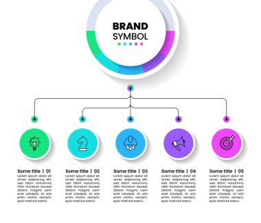 Simgeli bilgi şablonu ve 5 seçenek veya adım. Birbirine bağlı halkalar. İş akışı düzeni, diyagram, pankart, web tasarımı için kullanılabilir. Vektör illüstrasyonu