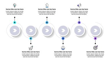 Simgeli ve 6 basamaklı bilgi şablonu. Çizgi. İş akışı düzeni, diyagram, pankart, web tasarımı için kullanılabilir. Vektör illüstrasyonu