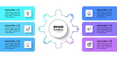Simgeli ve 6 basamaklı bilgi şablonu. Dişliler. İş akışı düzeni, diyagram, pankart, web tasarımı için kullanılabilir. Vektör illüstrasyonu