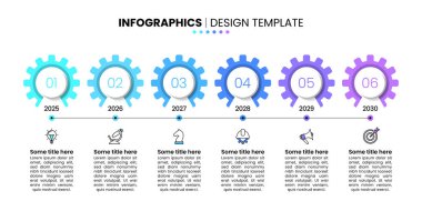 Simgeli ve 6 basamaklı bilgi şablonu. Zaman çizelgesi. İş akışı düzeni, diyagram, pankart, web tasarımı için kullanılabilir. Vektör illüstrasyonu
