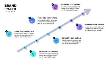 Simgeli ve 6 basamaklı bilgi şablonu. Çapraz ok. İş akışı düzeni, diyagram, pankart, web tasarımı için kullanılabilir. Vektör illüstrasyonu